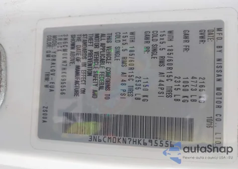 2017 Nissan Nv200 Sv z USA, uszkodzony, nr VIN 3N6CM0KN7HK695556